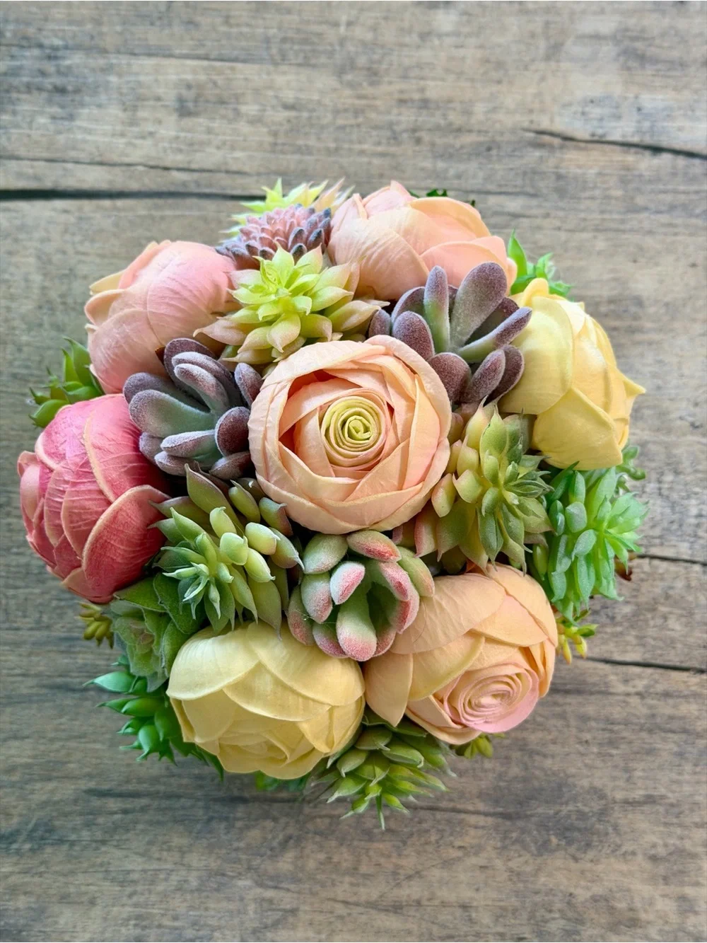 Handcrafted Faux Succulent and Ranunculi Arrangement in Wooden Bowl (Glass Dome)